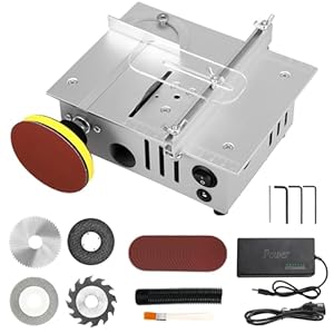 Mini Tischkreissäge mit 4 Klingen und Polierscheibe, 96W Tischkreissäge Klein, Tragbare 7 Gang Netzteil Einstellbarer Tischsäge, Mini kreissägefür DIY Schneiden Modellieren, Holzbearbeitung