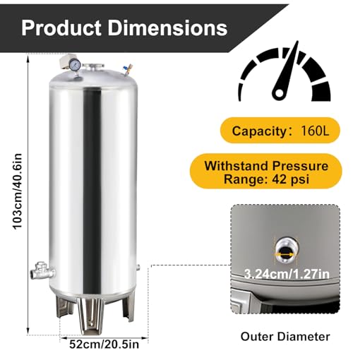 160L/42.3gal Pressure Tank for Well Pump, Fully Automatic Well Pressure Tank Stainless Steel Water Pressures Tanks W/Mounting Kit for Wells Pump/Water System, Agricultural Waters, Residential