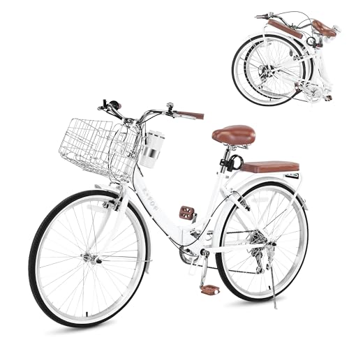 Image of 24 /26 Inch Folding Beach Cruiser Bike for Women, 7-Speed Foldable Bicycle with Basket & Cup Holder, Adult Commuter Bike with Adjustable Seat, Dual V-Brake System
