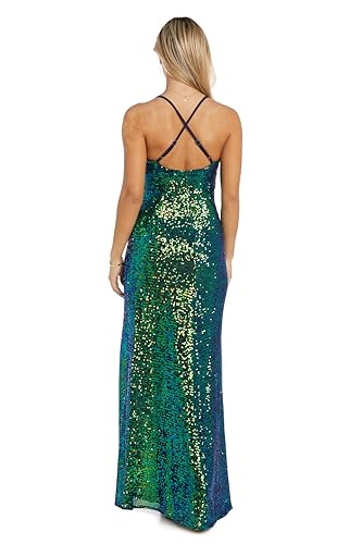 Image of Nightway Juniors' Long Sequin Cowl Neck Gown W /Cross-Back Spaghetti Straps & Side Slit - Prom Cocktail Party