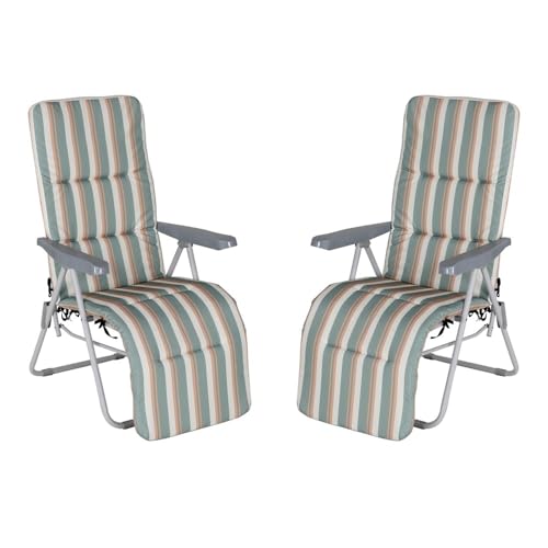LOLAhome Set de 2 Sillones de Jardín Acolchado, Reclinable con Reposapiés Verde Multicolor. Estructura de tubo de acero anticorrosión y lona a rayas. Colchón de 5 cm de grosor, plegable. 61x58x106 cm.