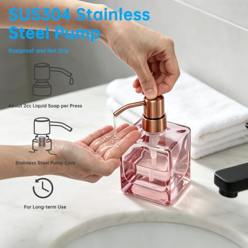 Image of Square Soap Dispenser Glass Blush Pink and Brushed Copper, 8.4oz