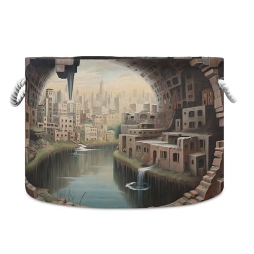 DUOBU Large Cotton Rope Basket Round Storage Basket City Landscape Laundry Hamper for Toys,Blankets,Nursery,Laundry 20x14 in