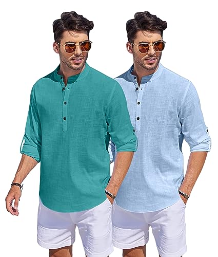 Image of Bellstone Men's Cotton Blend Straight Kurta Shirt Combo with Mandarin Collar - Slim Fit Casual Short Kurti Set Featuring Textured Slub Fabric and Roll-Up Full Sleeves