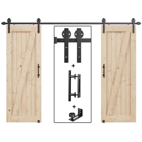 Image of EaseLife 9FT Double Door Sliding Barn Door Hardware Track Kit & Handle,Big Industrial Spoke Wheel,Wall Mount,Slide Smoothly Quietly,Easy Install,Black,108 inch Track Fit for 50-52 inch Wide Opening (No Door)