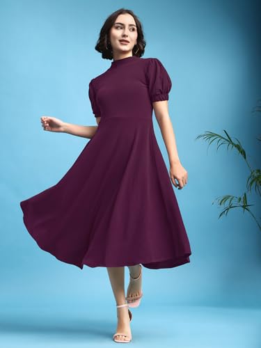 Image of PURVAJA Women's Fit & Flare Knee Length Short Sleeve Turtle Neck Solid Dress