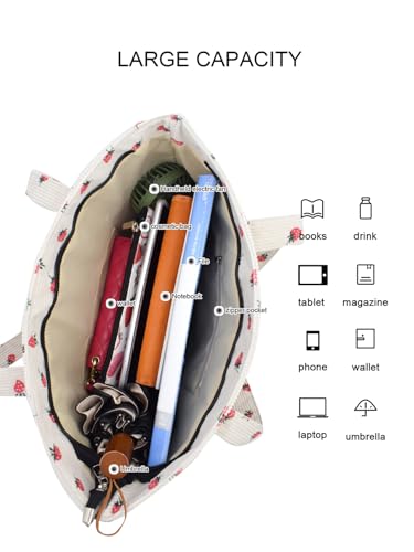Image of TeeYee Women Tote Bag Shoulder Bag Large Zippered Strawberry Corduroy Shopper with Pockets Multipurpose | Gym traval bag