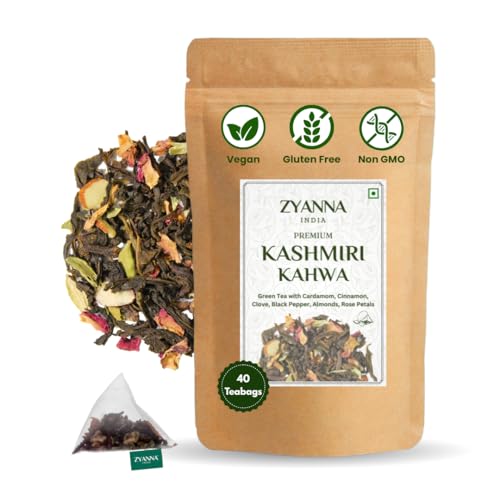 Zyanna Kashmiri Kahwa – 40 Pyramid TeaBags | Green Tea with Cardamom, Cinnamon, Clove, Rose petals, Black Peppr, Almonds | 100% Natural Spices | Aromatic & Warming Wellness Blend