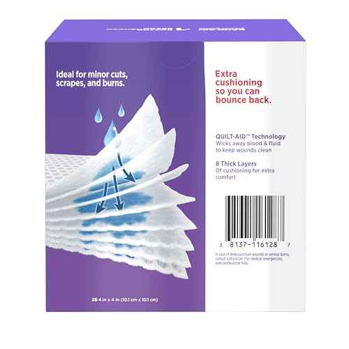 Image of BAND-AID Brand Absorbent Cushion Care Sterile Square Gauze Pads for First Aid Protection of Minor Cuts, Scrapes & Burns, Non-Adhesive, Wound Care Dressing Pads, Large, 4 in x 4 in, 25 ct