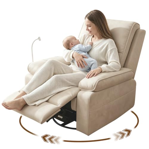 Image of 360 Swivel Glider Rocking Chair Nursery， Oversized Recliner with Phone Holder，Nursing Chairs for Breastfeeding with Wide Foot Rest for Living Room and Baby Room,Beige