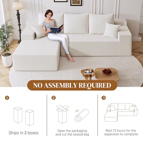 Image of 108 inch L Shaped Boneless Sectional Couches for Living Room, Comfy Corduroy Floor Cloud Sofa with Chaise, Wide Armrest, Deep Seat, Memory Foam, Assembly Free, Ideal for Small Spaces, White