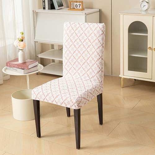 Image of HOMETHREADS Stretchable Elastic Jacquard Chair Seat Cover | Removable, Washable & Durable Chair Protector | Ideal for Dining Room, Kitchen, Restaurant & Party Chairs (F Pink, Pack of 6)