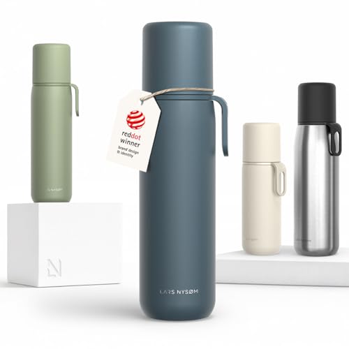 Image of LARS NYSOM Stainless Steel Thermo Water Bottle - Double Wall Insulated Water Bottle with Cup & Carry Strap, Leakproof Metal Bottle for Travel, Office & Outdoor (Stone Blue, 25oz)