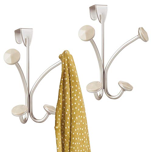 mDesign Decorative Over Door 4 Hanging Hooks, Steel Storage Organizer Rack for Coats, Hoodies, Hats, Scarves, Purses, Leashes, Bath Towels, Robes, Mens and Womens Clothing - 2 Pack - Satin