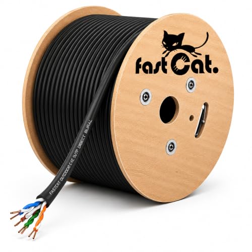 fast Cat. Cat6 Direct Burial Outdoor Bulk Ethernet Cable 500ft - Waterproof 100W 23AWG Solid Copper Conductors & OSP Jacket - CMX UTP 550MHz PoE++ (4PPoE) ETL & UL Listed (Black)