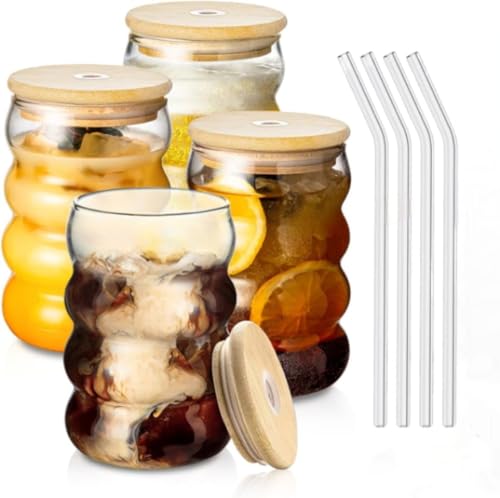 Image of ANKUL Aesthetic Round Wavy Glass Cups with Bamboo Lids & Straws - 2 Pach 510 ml for Cold Drinks, Iced Coffee, Boba (2, Zig Zag with lid)