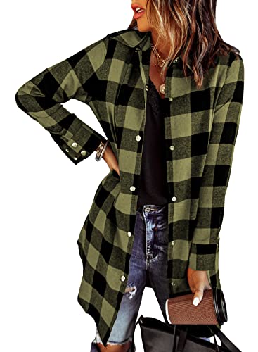Photo 1 of EVALESS Color Block Plaid Shacket Jacket Women Cute V Neck Long Sleeve Button Down Blouses Tops Flannel Shirts Jackets Coats Small B Green