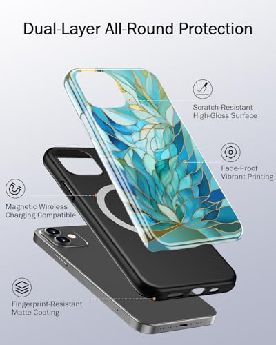 Image of Goodon for iPhone 12 Mini Case Cute - Wireless Charging Compatible - Dual-Layer Hard Shell + Silicone Cover - Protective Phone Case with Trendy Designs for Women - Blue Leaves Flower | Dual-Layer Hard Shell + Silicone, Slim Fit Protective Phone Cover with Wildflower Designs for Women Girls