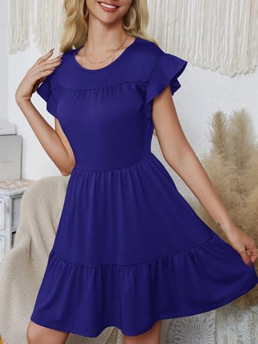 Image of PerZeal Women's Summer Casual Tiered Midi Dress Ruffle Short Sleeve A-Line Flare Swing Dress Solid Cute Beach Sundress