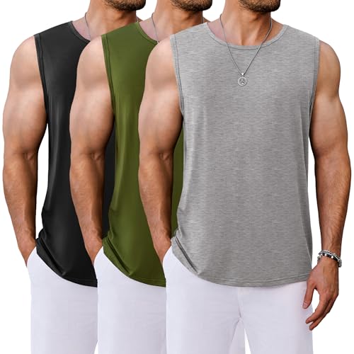 COOFANDY Mens Vests Running Vests Workout Tank Top 3 Pack Sleeveless Tops Muscle T-Shirt Black/Light Grey/Army Green (Pack 3) M
