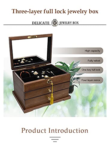 Hjuik Household 3-Layer Wooden Jewelry Storage Box With Lock Retro Earrings Necklace Bracelet Jewelry Box (Color : Antique Color) #TOP3