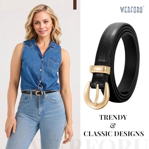 WERFORU Women Leather Belt for Jeans Pants Thin Belts for Women Fashion Waist Belt with Gold Buckle-2