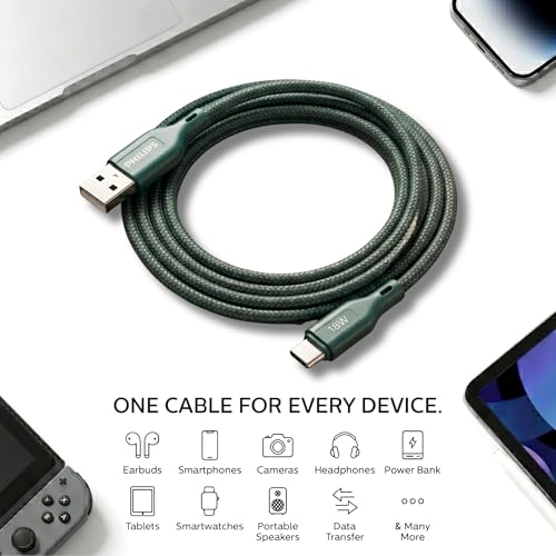 Image of PHILIPS DLC4130AT /94 18W Type-A to Type-C Fast Charging Cable (1m, Crystal Teal) | Nylon Braided | Compatible with iPhone 15+ Series, USB-C iPad Models, Samsung Galaxy & All Type C Devices