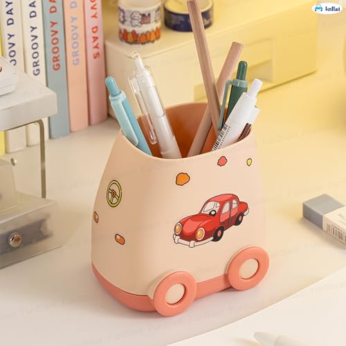 Image of FunBlast Pen Stand for Study Table, Car Stationary Organizer with Kawaii Stickers, Pen Stand for Kids & Girls, Desk Organizer, Birthday Return Gifts for Kids (Peach)