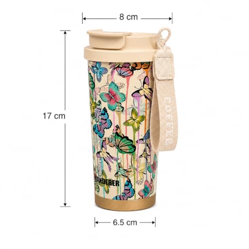 Image of Vasukie Stainless Steel Coffee Tumbler with Carrying Strap, Aesthetic Cream Butterfly & Floral Travel Mug, Leakproof Water Bottle for Women & Girls (500ML)