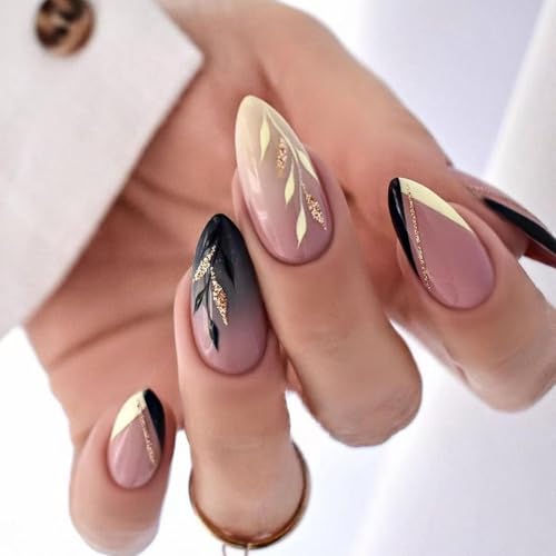 Image of Leaf Press on Nails Gold Glitter Fake Nails Medium Almond False nails with Design French Tip Glue on Nails Artificial Acrylic Nail Full Cover Nude Stick on Nails for Women Manicure 24Pcs