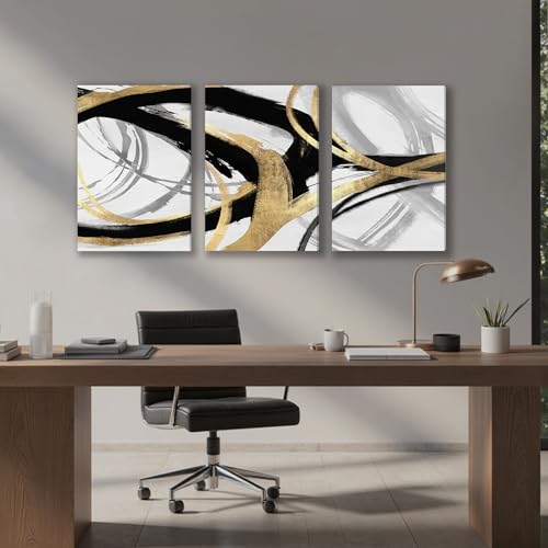 Image of DUWQU Triptych Black Gold White abstract Lines Canvas Wall Art 20x30 in x3 | Wooden frame, UV-resistant ink, Giclee printing process, Pre-installed hooks make it easy to hang home or office wall decor