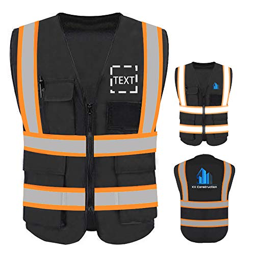 yunxunstyle Personalized Custom Your Text/Logo/Image High Visibility Safety Vest Protective Workwear With Reflective Strips (Orange Webbing/Black M)