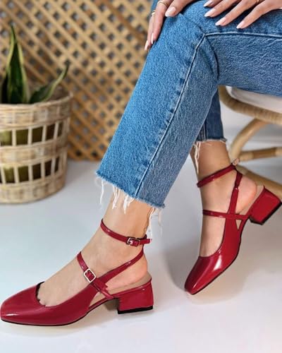 Image of Coutgo Womens Mary Jane Chunky Low Heels Closed Square Toe Ankle Strap Pumps Wedding Party Dress Shoes