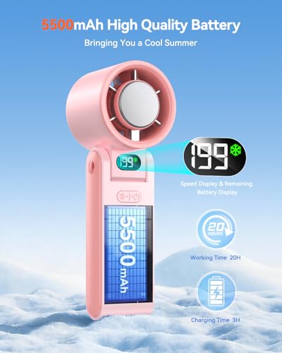 Image of Portable Handheld Fan with Ice Cooler, 199 Speed Personal Fan,5500mAh Rechargeable,20H Cooling Time,20000 RPM Powerful Motor, Summer Essential for Travel /Outdoor /Office, Pink
