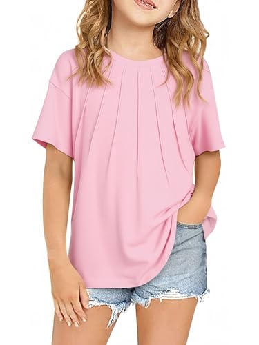 Haloumoning Girls Pleated Oversized T Shirts Kids Summer Short Sleeve Crewneck Casual Tops Tees 5-14 Years