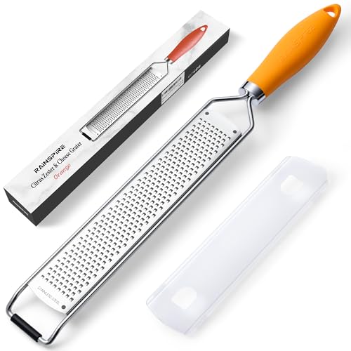 Image of Rainspire Zester Grater with Handle, Lemon Zester Cheese Grater for Kitchen Stainless Steel, Parmesan Cheese Garlic Nutmeg Chocolate Fruits Vegetables Ginger Grater, Fine (Orange)