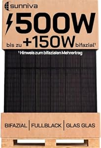 SUNNIVA® Solarpanel, 1x 500 W, FULL BLACK, Bifazial, Glas-Glas, N-Type Solarmodul, PV Module Solarpanel, PMax 500W (1x500W), für Balkonkraftwerk Solaranlage PV Panel Photovoltaik Solar Komplettanlage