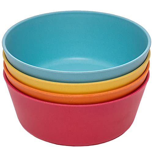 Image of WeeSprout Bamboo Kids Bowls, Set of Four 10 oz Kid-Sized Dinnerware, Cereal, Leftovers & Snack Bowl, Dishwasher Safe (Blue, Yellow, Orange, & Red, 10 Oz)