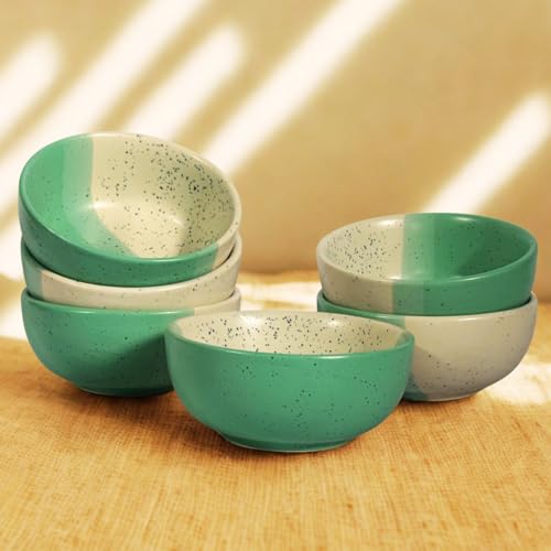 Image of Freakway Handmade Dual-Tone Ceramic Bowls Set of 6 - Speckled Green & White Serving Bowls