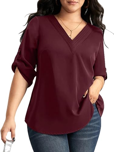 SCOMCHIC Women's Plus Size Blouses 3/4 Cuffed Sleeve Dressy Tunic Tops V Neck Casual Loose Blouse Pleated Shirts
