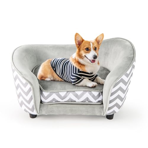 COSTWAY Katzenbett, kleines Hundesofa, 70 x 41 x 40 cm, Katzensofa mit weichem gepolstertem Kissen & waschbarem Bezug, Haustiersofa für kleine Hunde Katzen, Katzencouch bis 50 kg, Grau+Weiß
