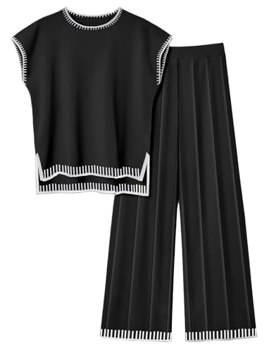 Image of Ekouaer Womens Matching Sets Knit Sweater Sets 2 Pieces Lounge Set | Pullover Tops Wide Legs Pants Casual Outfits