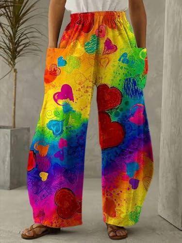 Women's Heart Print Wide-Leg Pants with Pockets, Elastic Waist Loose Trousers, Boho Style, Suitable for Summer Festivals