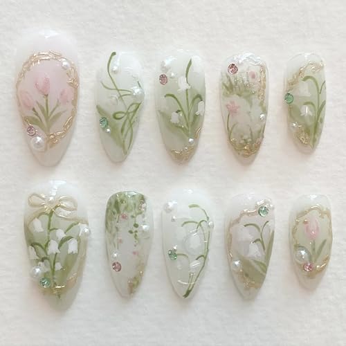 24Pcs Flower Press on Nails Medium Almond Fake Nails Tulip