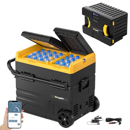 BougeRV CRD Kompressor Kühlbox mit Akku, 55L Kühlbox Auto Doppeltür Doppelzone 12V 24V 230V mit Tragbare Powerstation 173Wh (4-10 Stdn. Laufzeitverlängerung) Netzteil für Kühlschrank Auto Camping