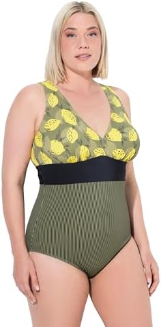 Ulla Popken Damen große Größen Übergrößen Plus Size Badeanzug Laura, Zitronencamou