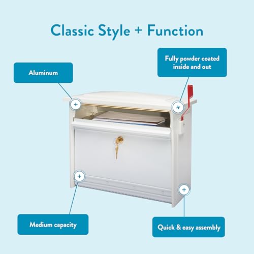Image of Architectural Mailboxes Mailsafe Locking Wall Mount Mailbox, White, Medium | Aluminum build with steel cam lock and key drop box and a rust-resistant powder-coat finish.