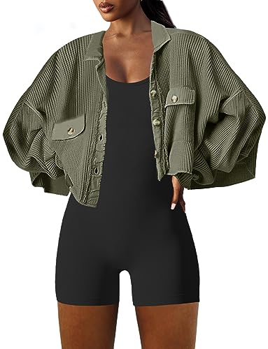 Image of Panadila Women's Cropped Waffle Knit Shacket Short Button Down Jacket Batwing Sleeve Shirts with Pocket