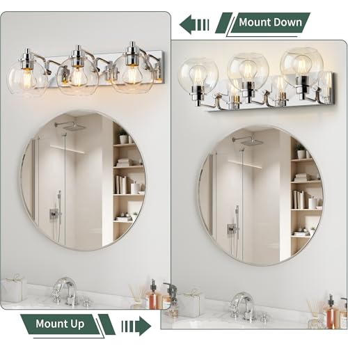 Image of 3 Light Bathroom Light Fixtures-Chrome Bathroom Vanity Lights, Modern Vanity Lights 3-Light Bathroom Lighting Fixtures Over Mirror with Clear Glass Globe Shade