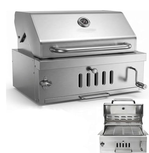 Large Charcoal BBQ Grills, Built in Barbecue Grill with Liftable Tray, Insulated Hood & Temp Gauge,...